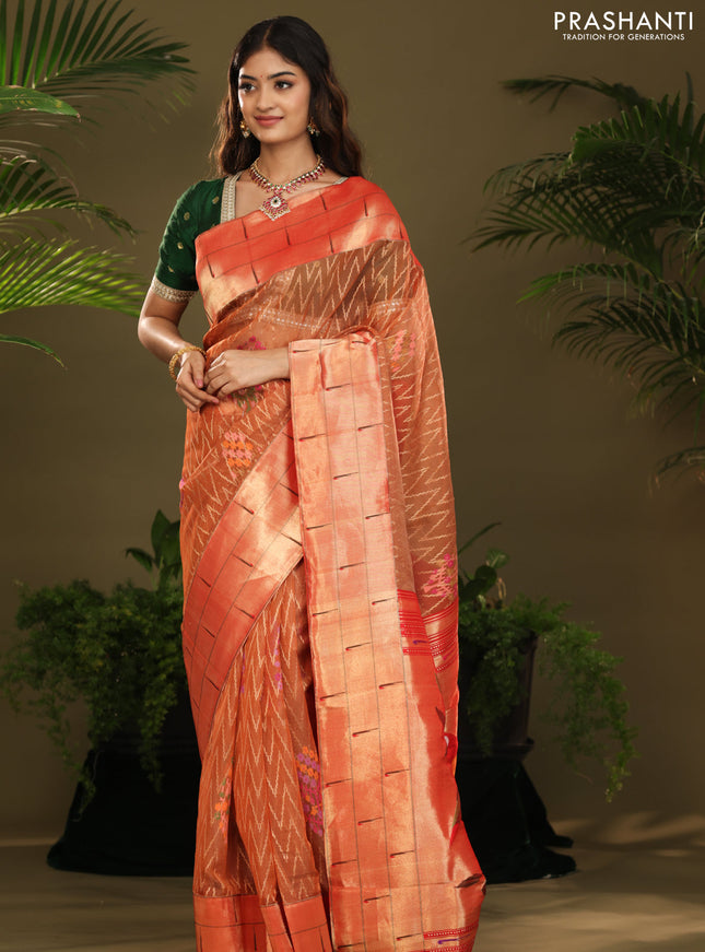 Rust & Red Pure Zari Kota saree with muniya border & paithani pallu