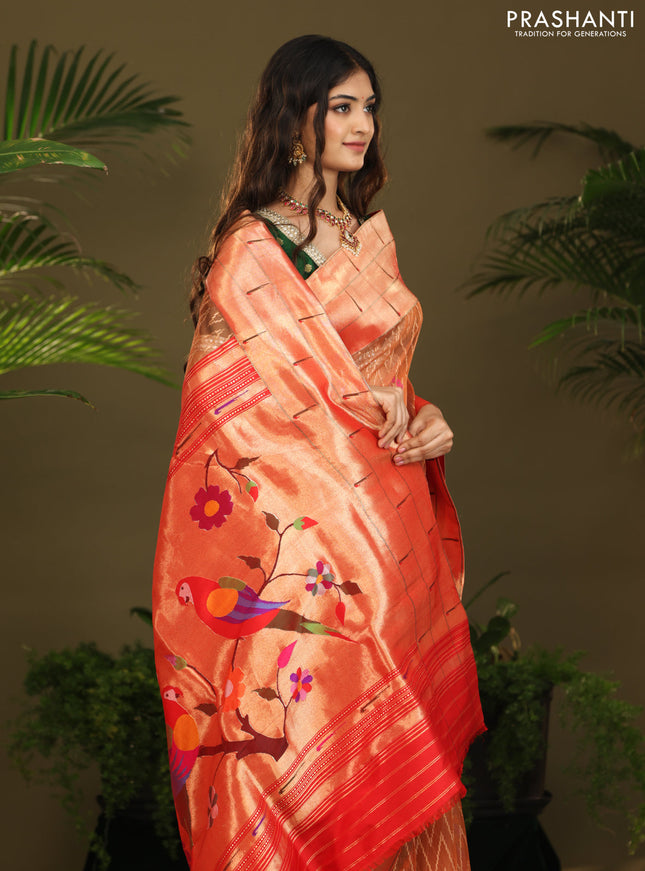 Rust & Red Pure Zari Kota saree with muniya border & paithani pallu