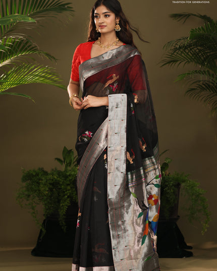 Black Zari Kota With Rich Silver Zari Paithani Pallu Weaving