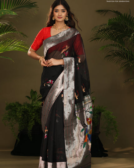Black Zari Kota With Rich Silver Zari Paithani Pallu Weaving