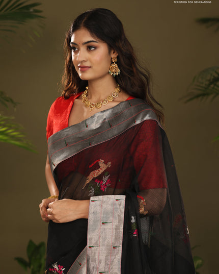 Black Zari Kota With Rich Silver Zari Paithani Pallu Weaving