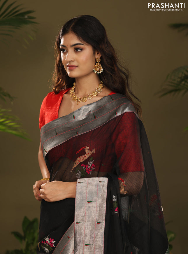 Black Zari Kota With Rich Silver Zari Paithani Pallu Weaving