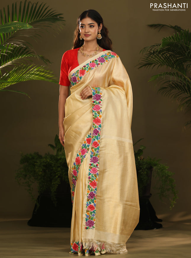 Golden tissue Kanchipuram Silk saree petit point embroidery border