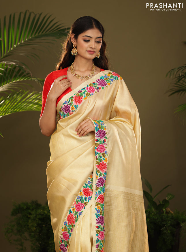 Golden tissue Kanchipuram Silk saree petit point embroidery border