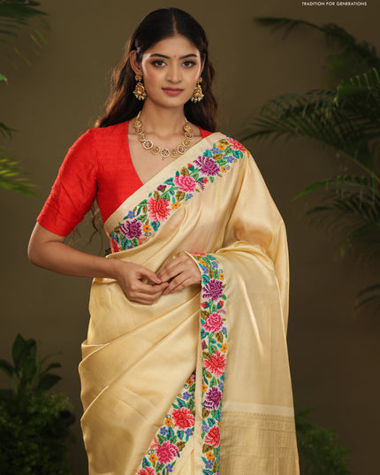 Golden tissue Kanchipuram Silk saree petit point embroidery border