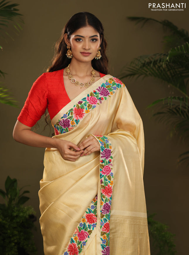 Golden tissue Kanchipuram Silk saree petit point embroidery border