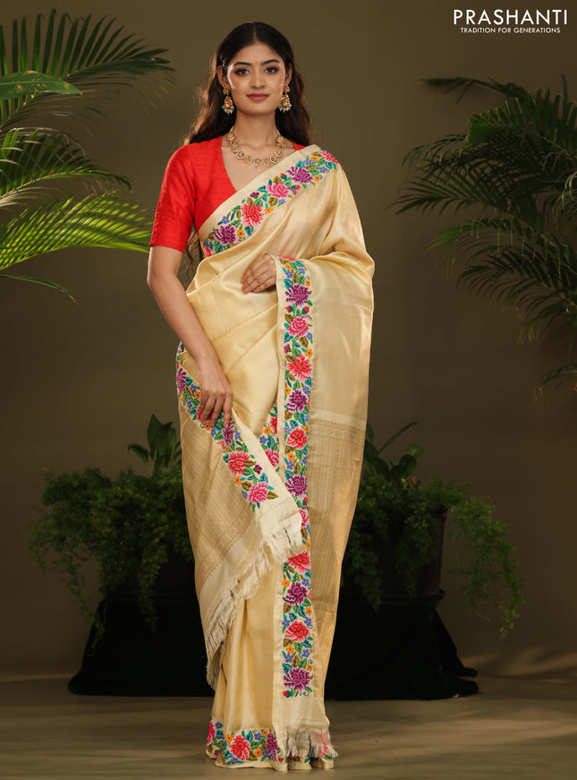 Golden tissue Kanchipuram Silk saree petit point embroidery border