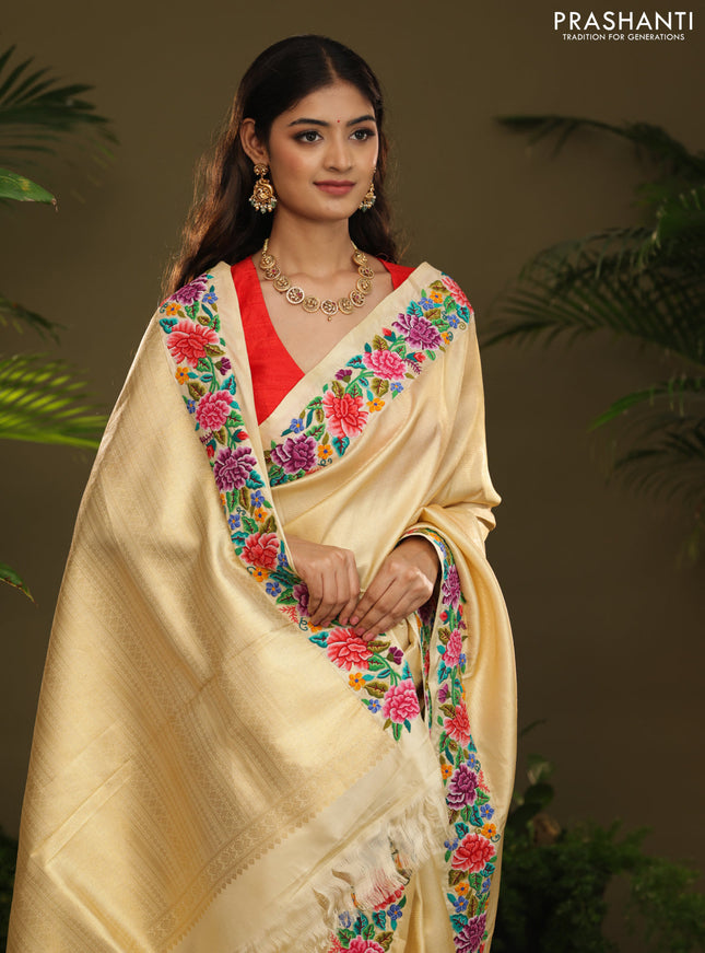 Golden tissue Kanchipuram Silk saree petit point embroidery border