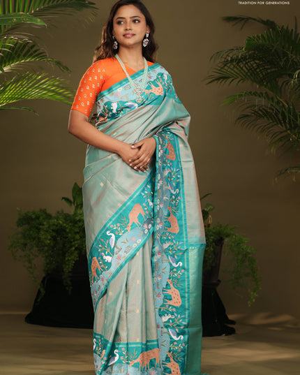 Dual shade of Teal Kanchipuram Silk saree with Border Embroidery