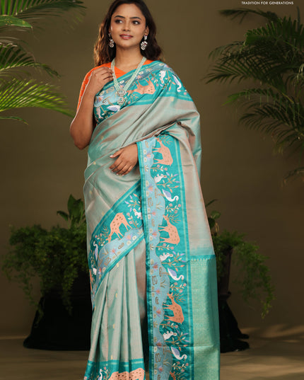 Dual shade of Teal Kanchipuram Silk saree with Border Embroidery