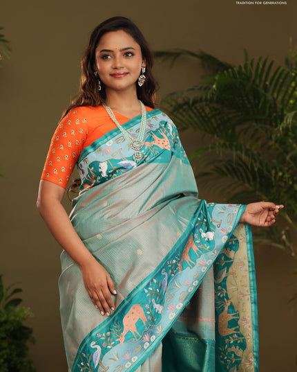 Dual shade of Teal Kanchipuram Silk saree with Border Embroidery
