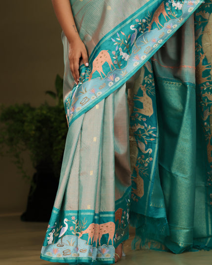 Dual shade of Teal Kanchipuram Silk saree with Border Embroidery