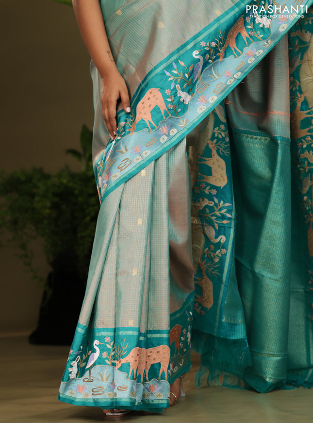 Dual shade of Teal Kanchipuram Silk saree with Border Embroidery