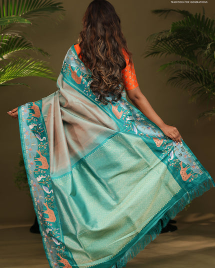 Dual shade of Teal Kanchipuram Silk saree with Border Embroidery