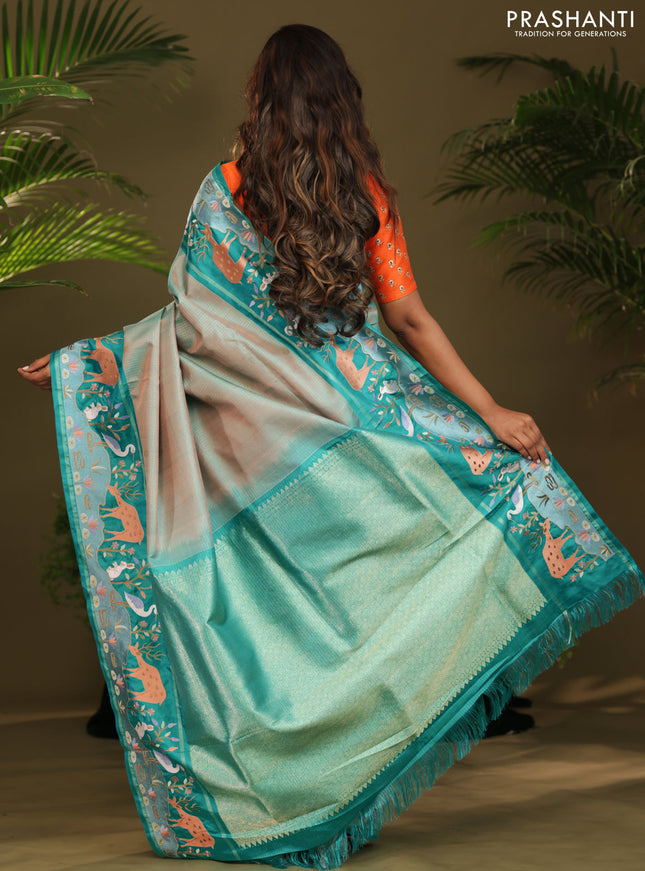Dual shade of Teal Kanchipuram Silk saree with Border Embroidery