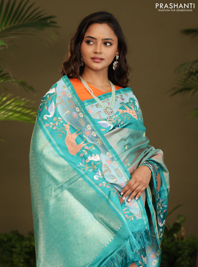 Dual shade of Teal Kanchipuram Silk saree with Border Embroidery
