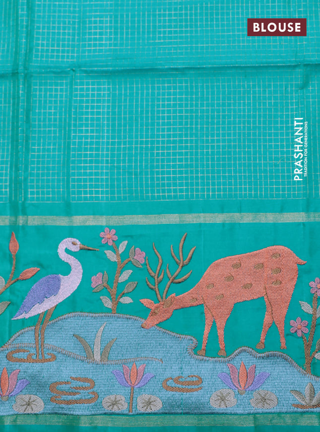 Dual shade of Teal Kanchipuram Silk saree with Border Embroidery