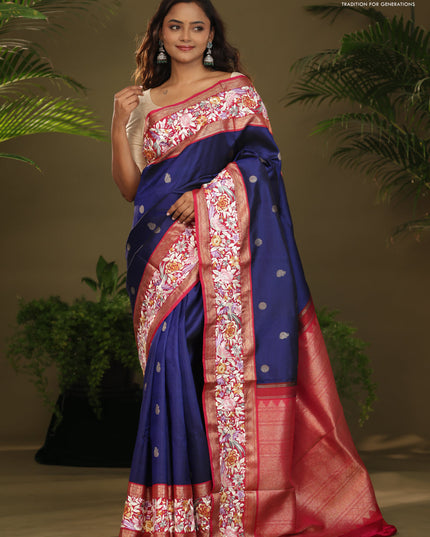 Blue & Pink Kanchipuram Silk Saree Parsi Work Embroidery border