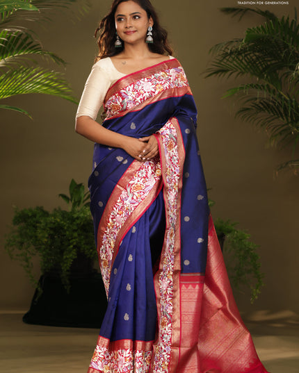 Blue & Pink Kanchipuram Silk Saree Parsi Work Embroidery border
