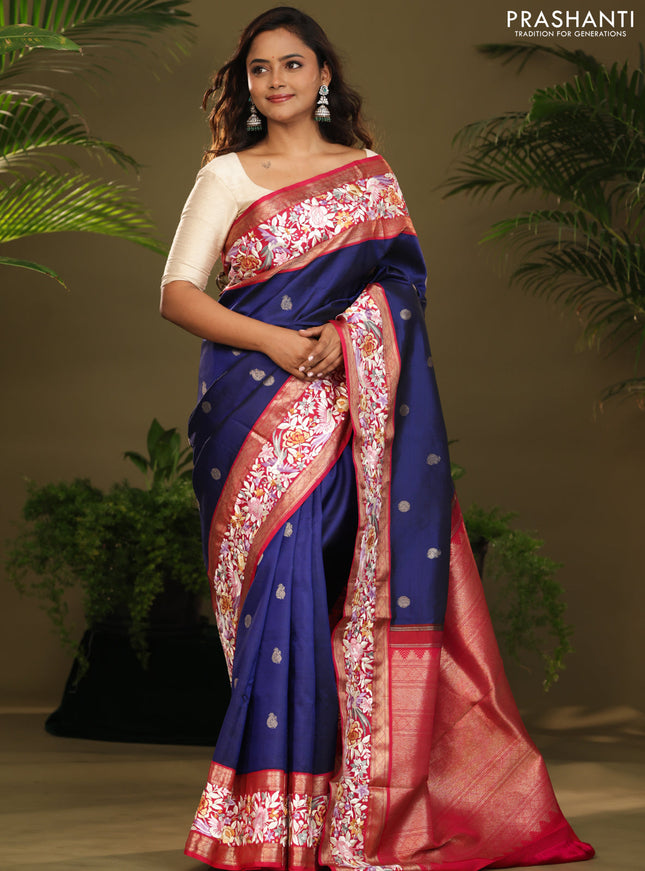 Blue & Pink Kanchipuram Silk Saree Parsi Work Embroidery border