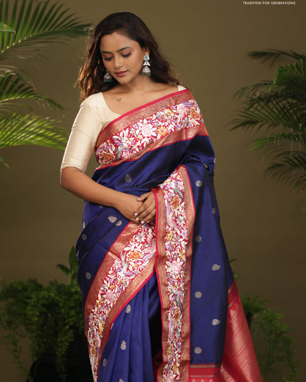 Blue & Pink Kanchipuram Silk Saree Parsi Work Embroidery border