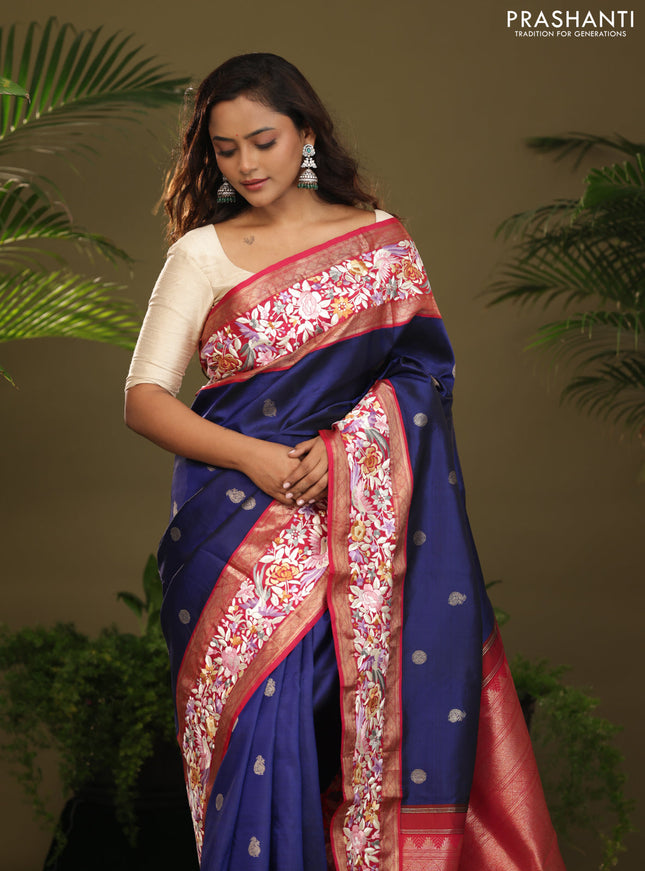 Blue & Pink Kanchipuram Silk Saree Parsi Work Embroidery border