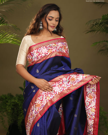 Blue & Pink Kanchipuram Silk Saree Parsi Work Embroidery border