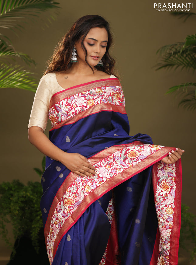 Blue & Pink Kanchipuram Silk Saree Parsi Work Embroidery border
