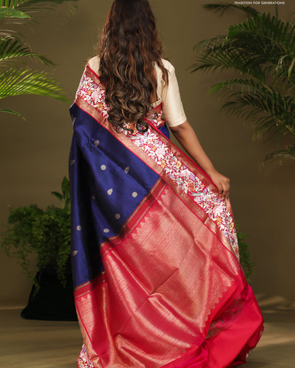 Blue & Pink Kanchipuram Silk Saree Parsi Work Embroidery border