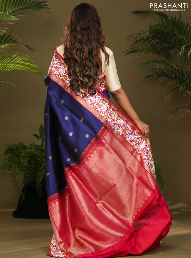 Blue & Pink Kanchipuram Silk Saree Parsi Work Embroidery border