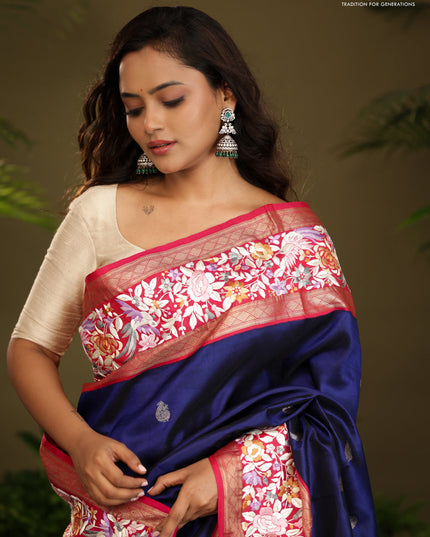 Blue & Pink Kanchipuram Silk Saree Parsi Work Embroidery border