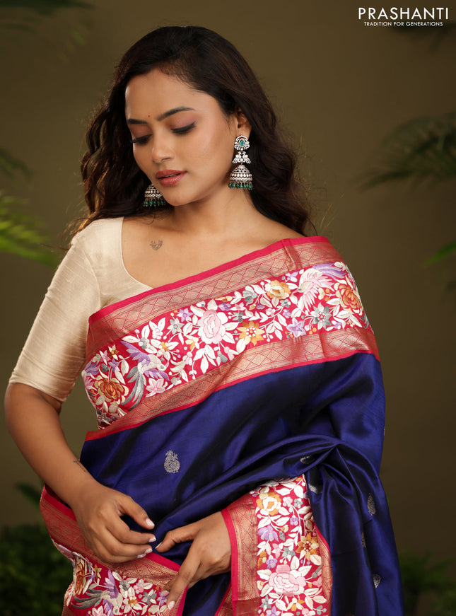 Blue & Pink Kanchipuram Silk Saree Parsi Work Embroidery border