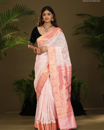 Pastel Pink Georgette Saree With Chikankari Work & Paithani Pallu