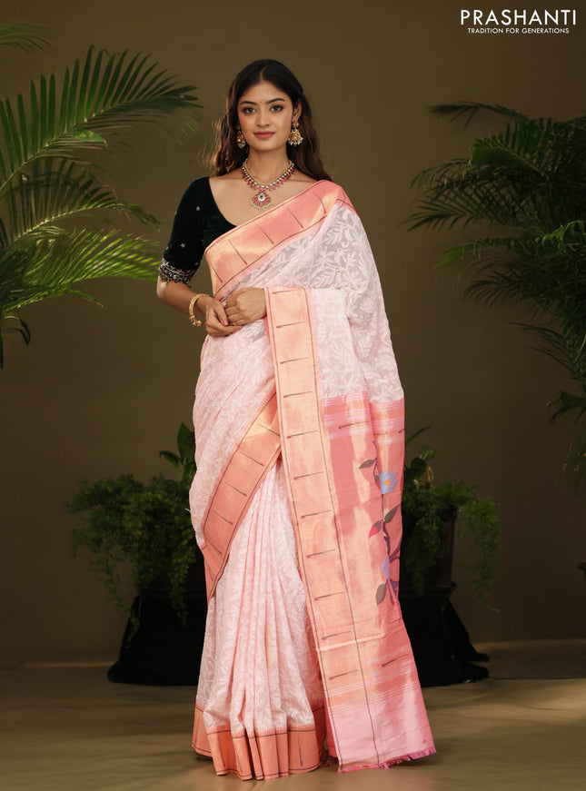 Pastel Pink Georgette Saree With Chikankari Work & Paithani Pallu