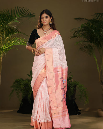 Pastel Pink Georgette Saree With Chikankari Work & Paithani Pallu