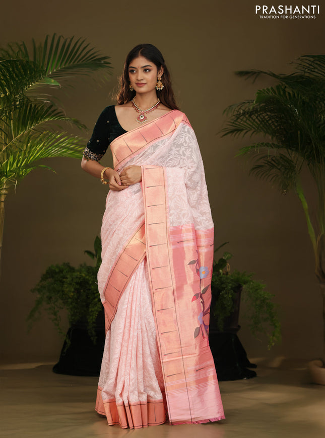 Pastel Pink Georgette Saree With Chikankari Work & Paithani Pallu