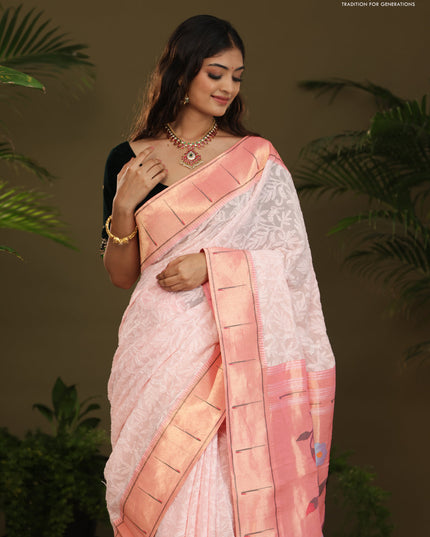 Pastel Pink Georgette Saree With Chikankari Work & Paithani Pallu