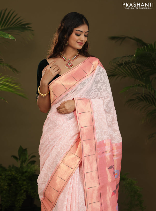 Pastel Pink Georgette Saree With Chikankari Work & Paithani Pallu