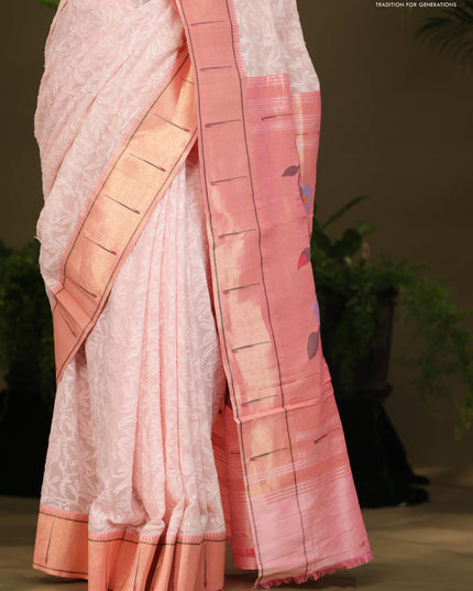 Pastel Pink Georgette Saree With Chikankari Work & Paithani Pallu