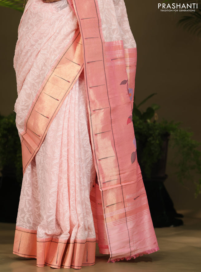 Pastel Pink Georgette Saree With Chikankari Work & Paithani Pallu