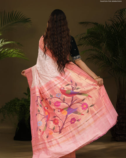 Pastel Pink Georgette Saree With Chikankari Work & Paithani Pallu