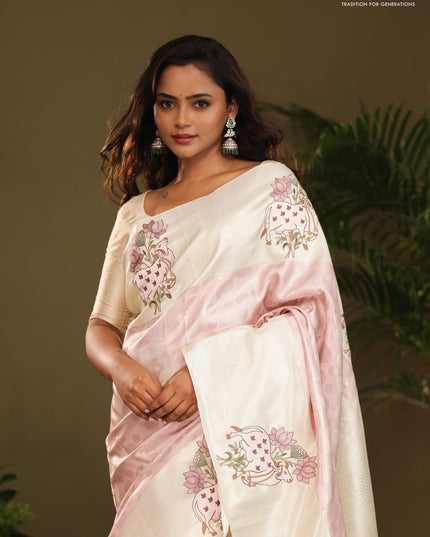 Pastel Pink Kanchipuram Silk Saree with Pichwai Embroided Border