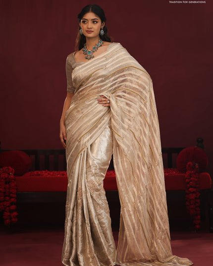 Tissue organza silk saree with allover stripes & embroidery