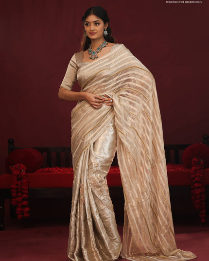Tissue organza silk saree with allover stripes & embroidery