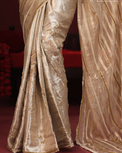 Tissue organza silk saree with allover stripes & embroidery