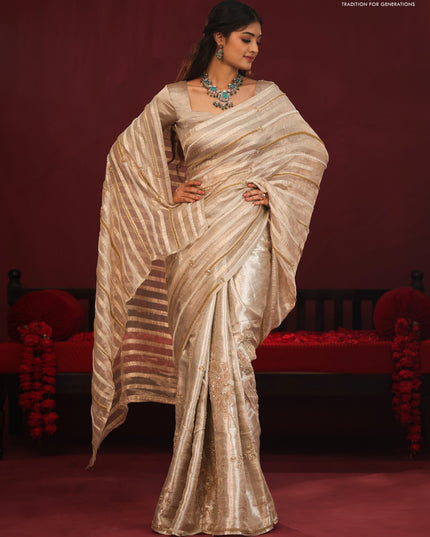 Tissue organza silk saree with allover stripes & embroidery