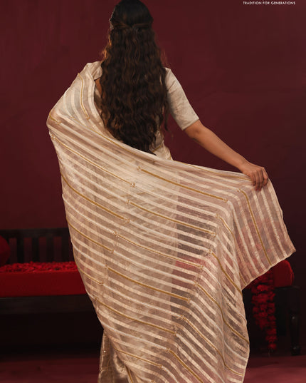 Tissue organza silk saree with allover stripes & embroidery