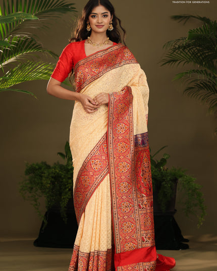 Pale Yellow & Red  Georgette Saree with Chikankari work & banaras border
