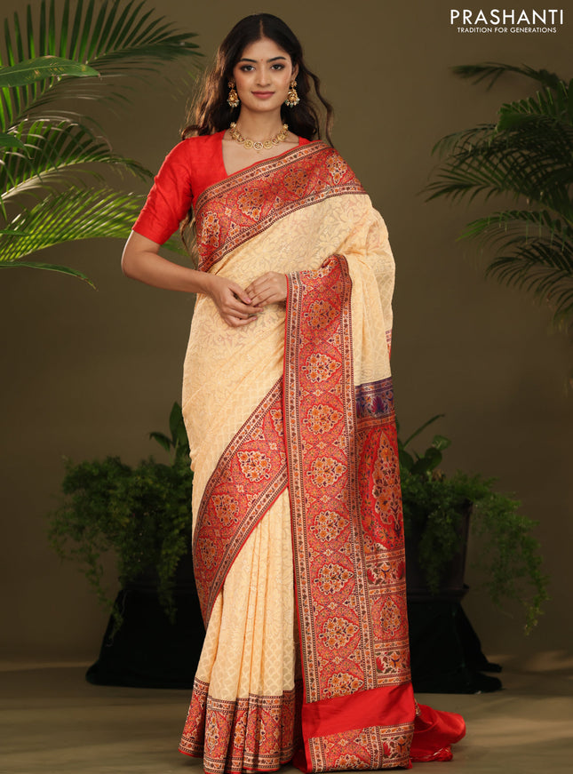 Pale Yellow & Red  Georgette Saree with Chikankari work & banaras border