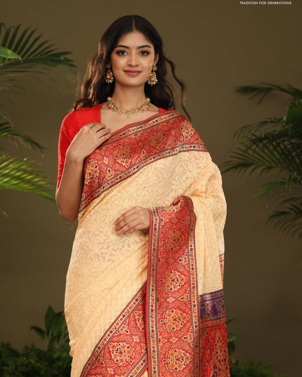 Pale Yellow & Red  Georgette Saree with Chikankari work & banaras border